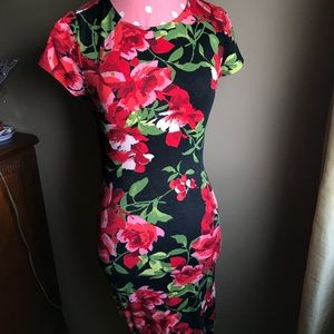 Red Floral Bodycon Midi Dress